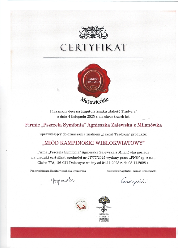 Certyfikat Jakość Tradycja dla Miodu Kampinoskiego Wielokwiatowego - Pszczela Symfonia 