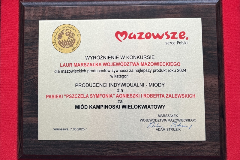 Wyróżnienie w kokursie o Laur Marszałka Województwa Mazowieckiego dla Miodu Kampinoskiego - Pszczela Symfonia