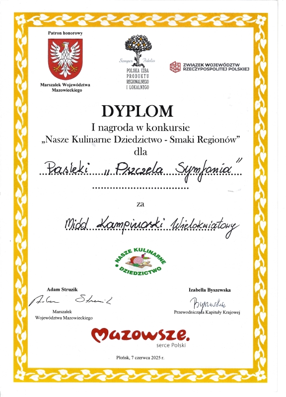 Certyfikat Nasze Kulinarne Dziedzictwo Smaki Regionów - Pszczela Symfonia