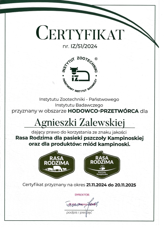 Certyfikat Ochrony Rasy Rodzimej Pszczoła Kampinoska - Pszczela Symfonia 